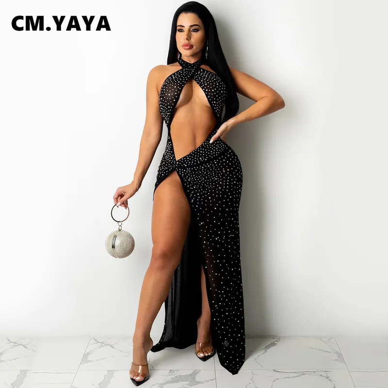 CM.YAYA Kvinnor Rhinestones Halter Neck High Slitt Sexig Maxi Dress Mesh Se om Ins Sexy Party Autumn Winter Long Dresses 220506