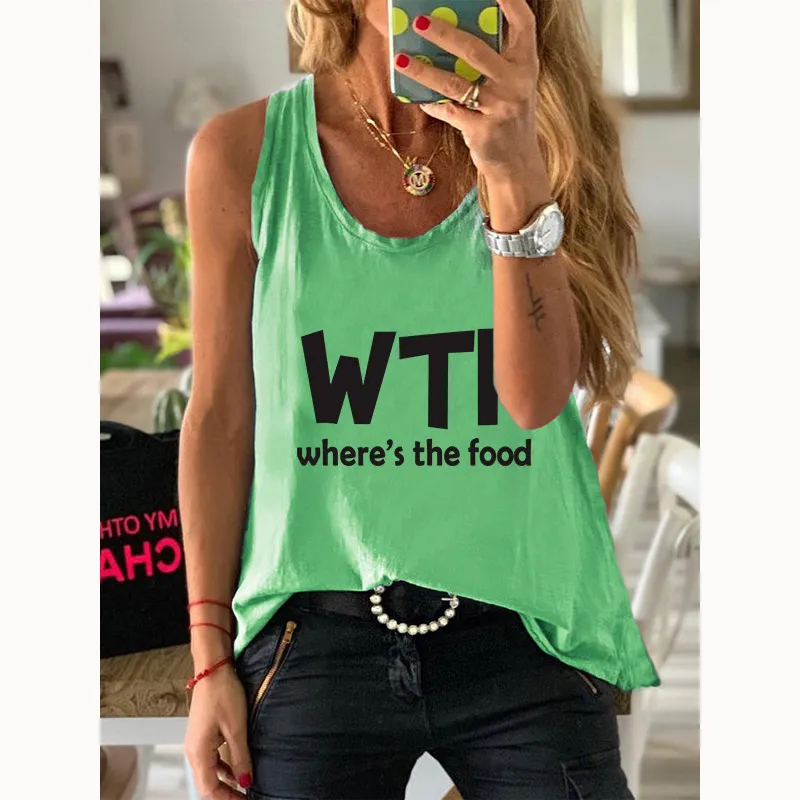 Kadınlar Pamuk 100% Kaşkorse Yaz Steeveless Nerede Gıda Mektubu Baskı Kadın Rahat Vintage Tank Tops Grafik Moda Yelekler 220325
