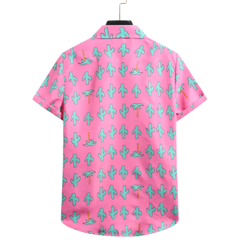Pink Floral Hawaiian Chemise Homme Summer Short Sleeve Beach Aloha S Men Disual Button Up Shirt Male XXL 220707