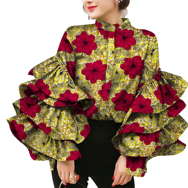 Bintarealwax قميص African Dress Shirt طبقات طوق Flare Sleeve Women's Blouses Wax Print Cotton Top Plus Size Lady Clothes Party Wy8635