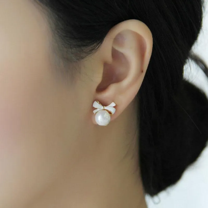 Clip-on & Screw Back Korea Style Clip On Earring No Pierced For Women Simulated Pearl Charm Pink White Bowknot EarringsClip-on310G