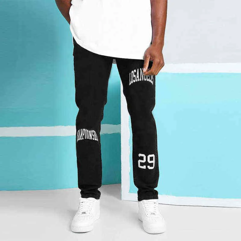 Hommes Noir Jogger Pantalon Rétro Streetwear Haute Qualité Coupe Confortable Motif Extensible Imprimé Mince Lavé Crayon Jeans Pantalon G0104