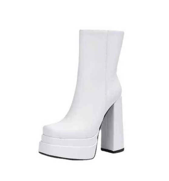 Motorcycle Boots Women Double Platform Fashion High Quality Luxury Women's Shoes White er High Heels Zip Brand New Plus Size Y220707