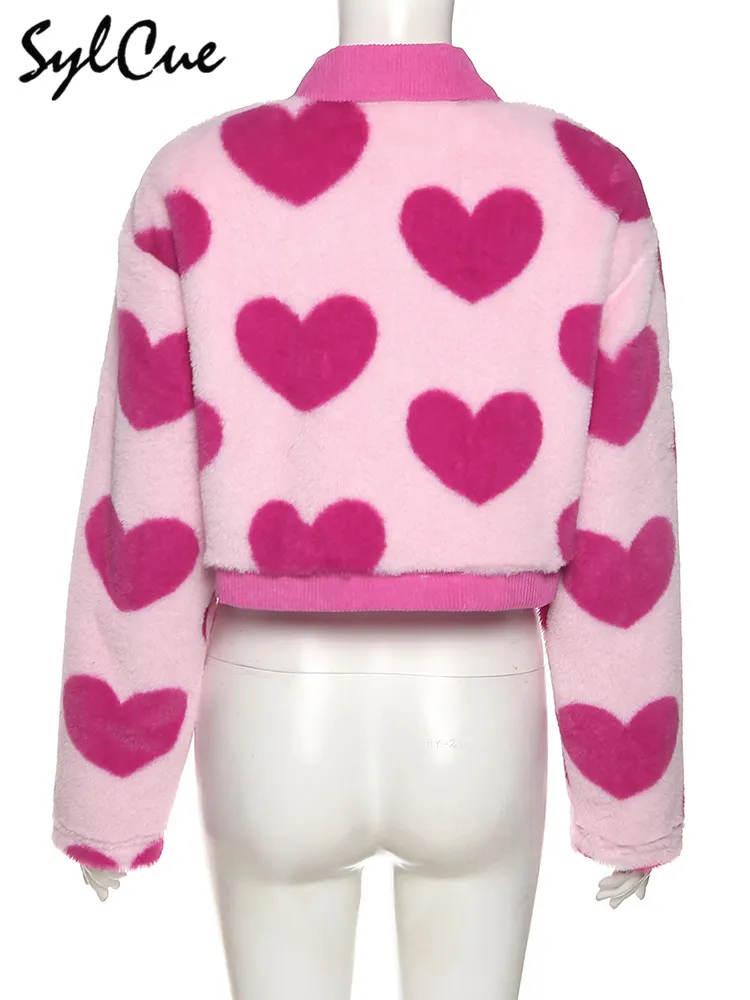 Sylcue rosa menina juventude bonito allmatch amor contraste lã solta confortável e flexível das mulheres curto casaco superior botão 220726