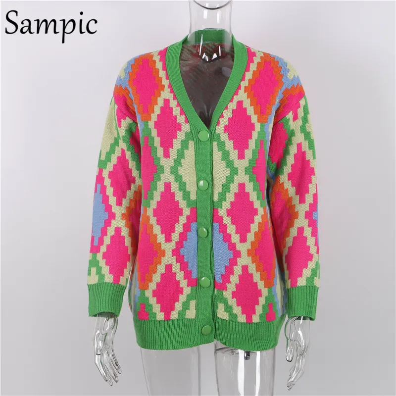 Sampic Winter Women Basic V pescoço malhas de tamanho grande Argyle Cardigans verde 2021 Autumn Moda Y2K Cardigans de malha de malha