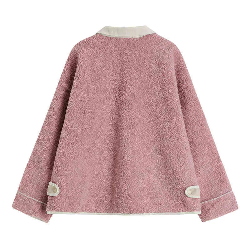 Imitated Lamb Fur Coat Women Autumn Winter Hit Color Lapels Casual Loose Single-Breasted Large Pockets Long Sleeve Jacket Female L220725