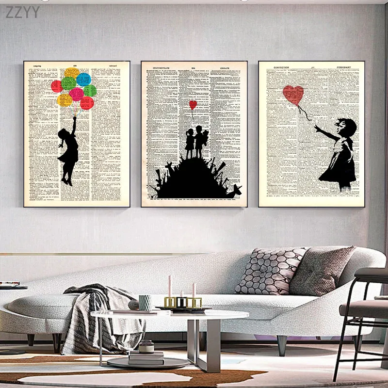 Vintage Banksy Art Plakaty Dziewczyna trzymająca balon graffiti sztuka malowanie stary książka druk sztuki sztuki sztuki