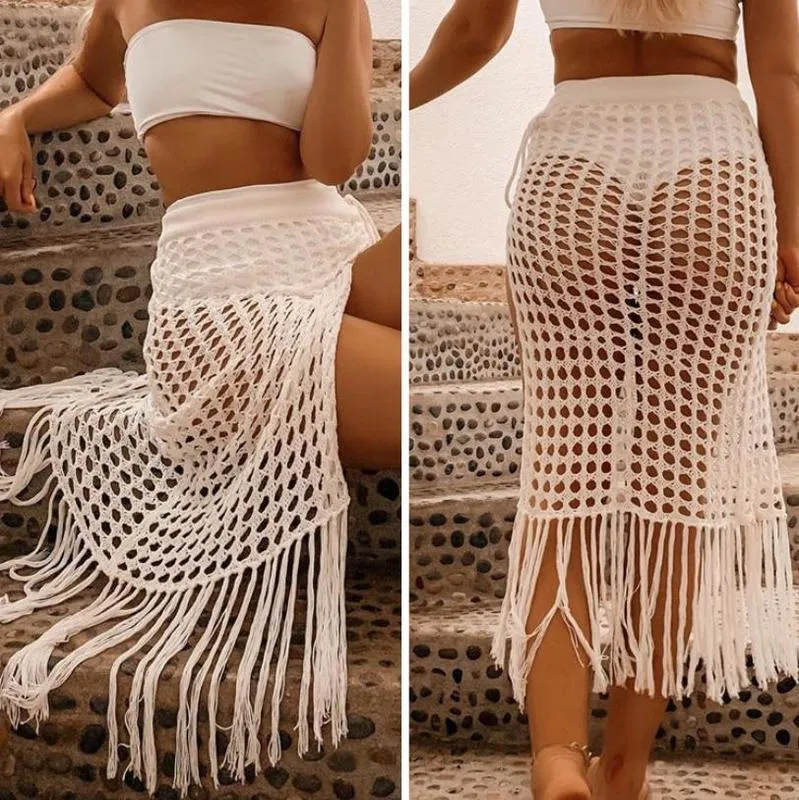 Sexiga sommarkvinnor S Beach Cover Up Womens Fish Net Hollow Out Bikini Cover -Ups Ladies Solid White Holiday Split kjolar 220524