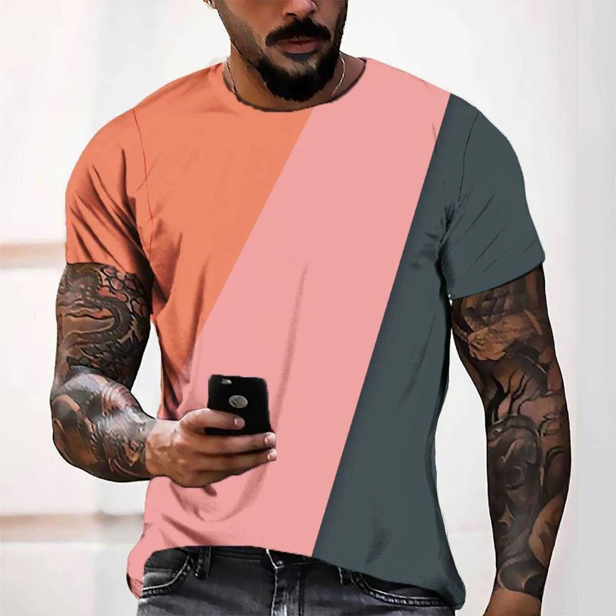 Moda Erkek T-Shirt 3D Dijital Baskı Üç Renk Blok Basit Stil Rahat Kısa Kollu Erkekler Tees Çeşitli Renk Stilleri