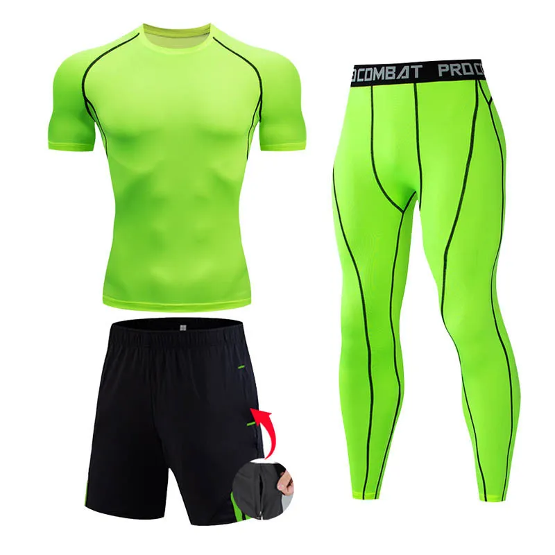 Düz Renk Koşu Takım Erkekler Egzersiz Giysileri Sıkıştırma Taytlar Salonu T-Shirt Eğitim Şortları 3 Parça Track Men Sportswear 220330
