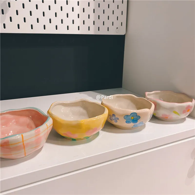 Hand Pinched Flower Bowls Ice Cream Bowl Retro Tulip Tableware Irregular Bowl Baking Cereal Salad Dinnerware Microwave Available 220408