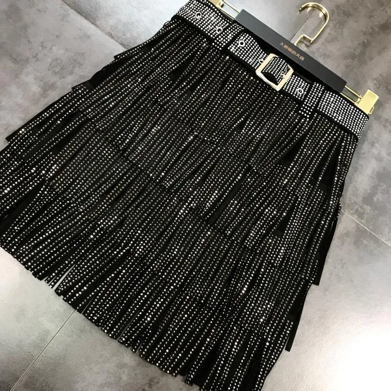 Za Fashion Autumn Women High Waist Belt Multi Layer Short Heavy Drilling Rhinestones Fringed Cake Skirt A Line Y2k 220810