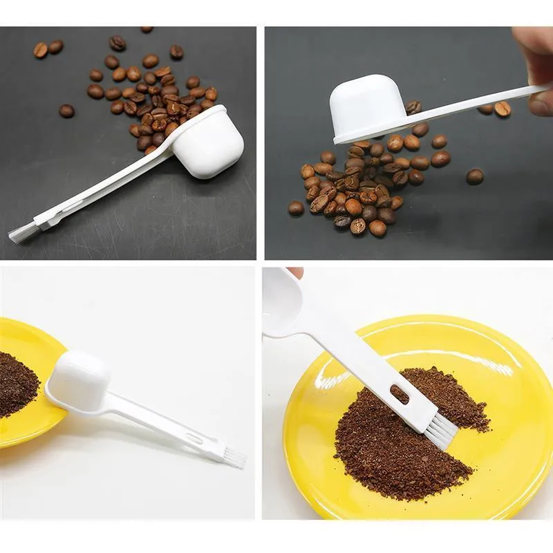 Kapmore 2 Stück Kunststoff-Kaffee-Messlöffel, tragbarer Kaffeelöffel mit kleiner Kaffeebürste, Werkzeug-Zubehör
