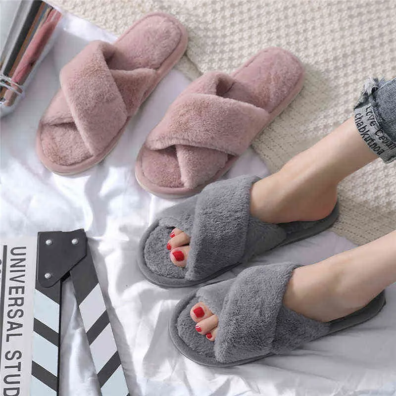 2022 Winter Slippers Women Plush Warm House Furry Slippers Cross Fluffy Home Slides Flat Indoor Floor Shoes Ladies Flip Flops G220730