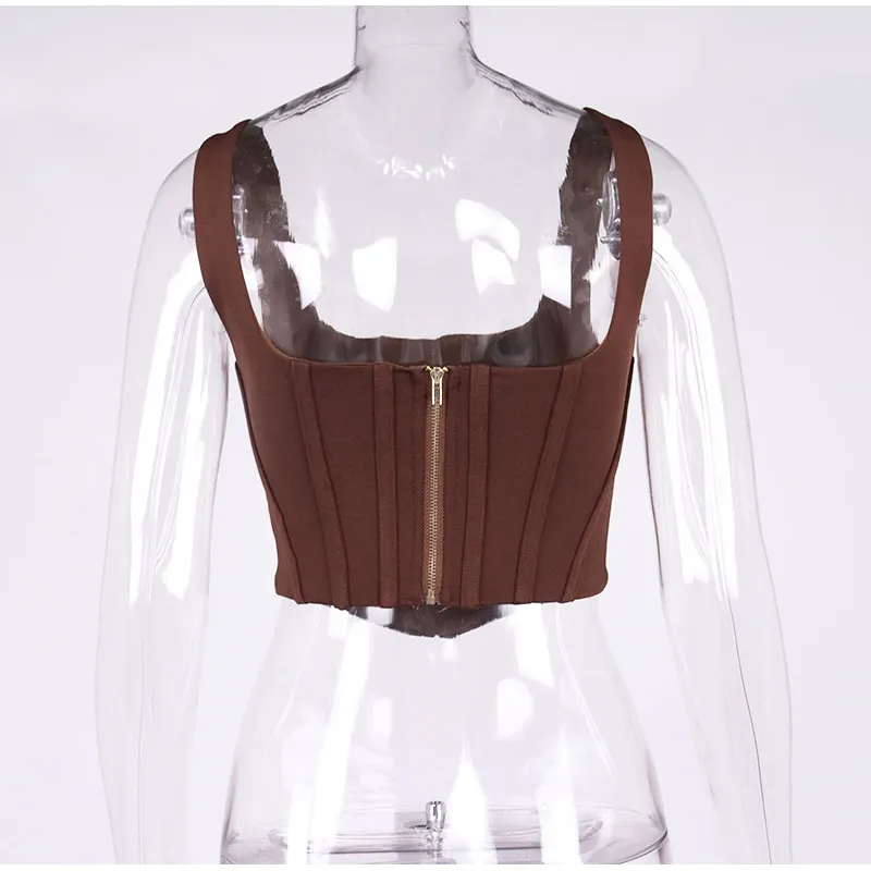 Asia Boning Gorset Top Zipper 2 Layer Elastyczne Solidne Kolor Kwadratowy Neck Slim Fit Bustier Kobiety Letni Crop Tank Fashion Vest 220318
