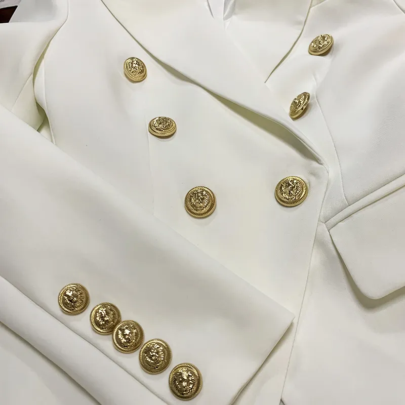 En Kaliteli Pembe Blazer Kadınlar Ince Blazer Ceket Kadın Kruvaze Metal Aslan Düğmeleri Kadın Blazers ve Ceketler Beyaz 220402
