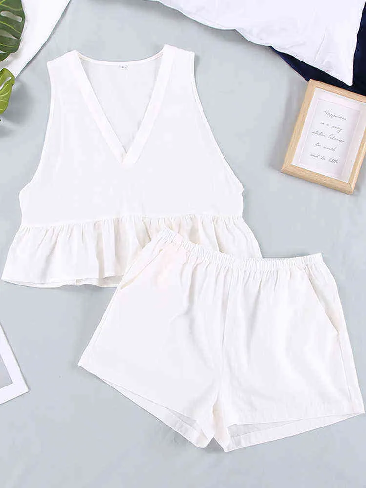 Hiloc Low Cut Sexy Nightwear Sleeveless Peplum Top Women Pajamas White V Neck Intimate Lingerie Women Sets Summer Home Suit L220803