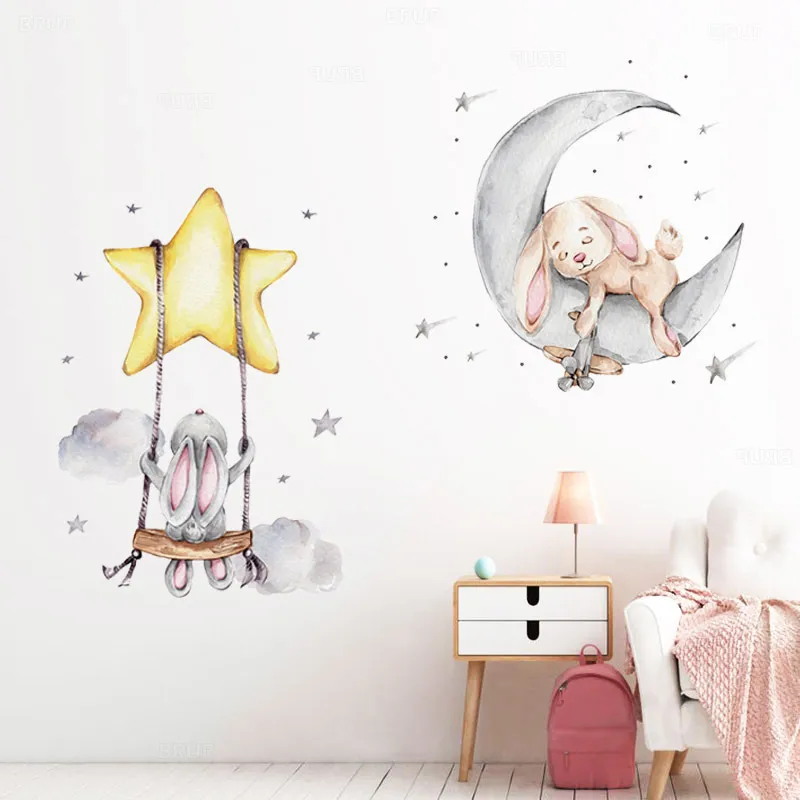Bunny Baby Nursery Wall Stickers Cartoon Rabbit Swing on the Stars Wall Decals for Kids Room PVC Removable Stickers PVC DIY 220727