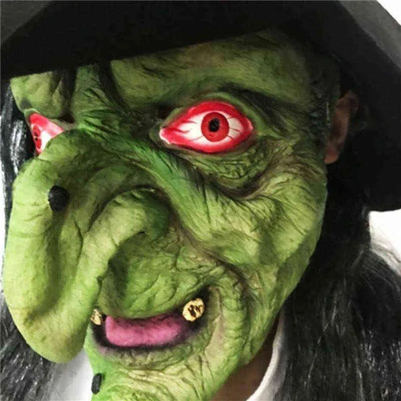 Halloween impreza Horror Witch Maska z kapeluszem Cosplay Scary Clown Hag Lateks Maski Zielona twarz Big Nose Old Women Costume Props L220530