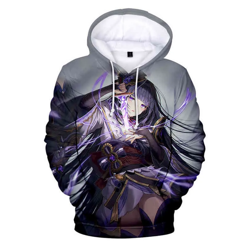 Anime Game Genshin Impact Felpe con cappuccio Stampa 3D Streetwear Raiden Shogun Uomo Donna Casual Felpa con cappuccio Pullover Top Uomo Rivestimento Y220713