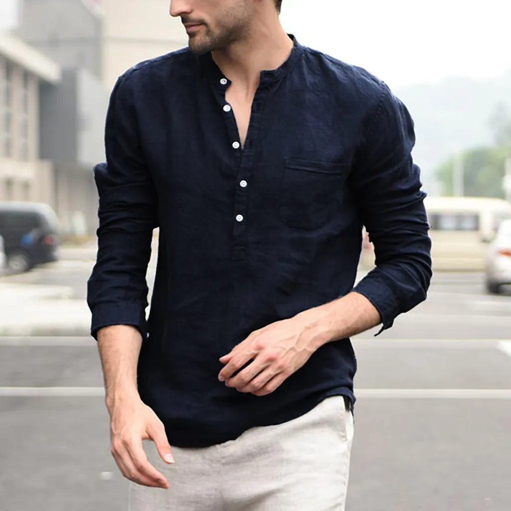 Designer harajuku män kläder skjortor för män vintage ren färgknapp linne solid ärm Retro skjorta toppar blus