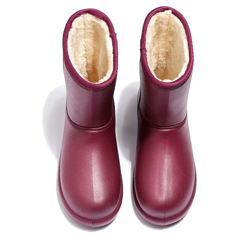 Bottes de pluie femmes chaussures de travail imperméables pour filles mi-mollet chaussures d'eau hiver en peluche bottes de pluie chaudes avec fourrure EVA antidérapant solide