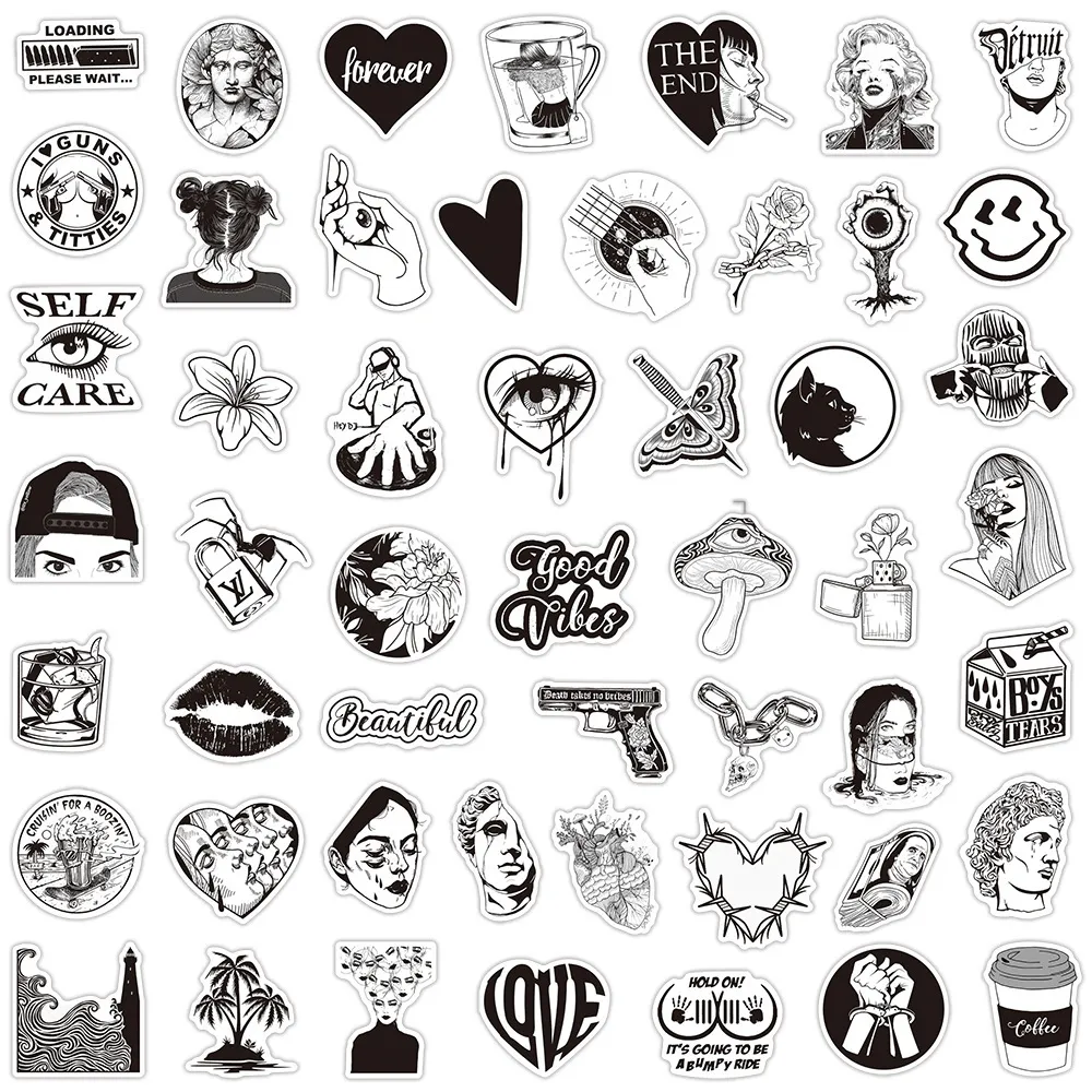 New 10/20/aesthetic black and white art car stickers portable guitar notebook skate refrigerator graffiti vinyl decal toy gift