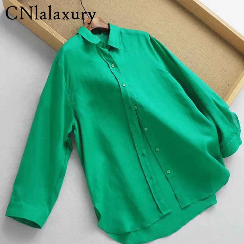 CNlalaxury boutons avant automne vert chemisier élégant décontracté blanc à manches longues chemises femme col rabattu hauts dames 220726