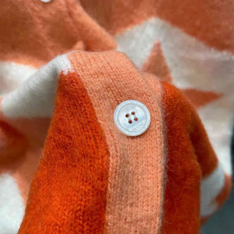orange color contrast Pentagram geometric Mohair V-neck cardigan medium length loose sweater coat
