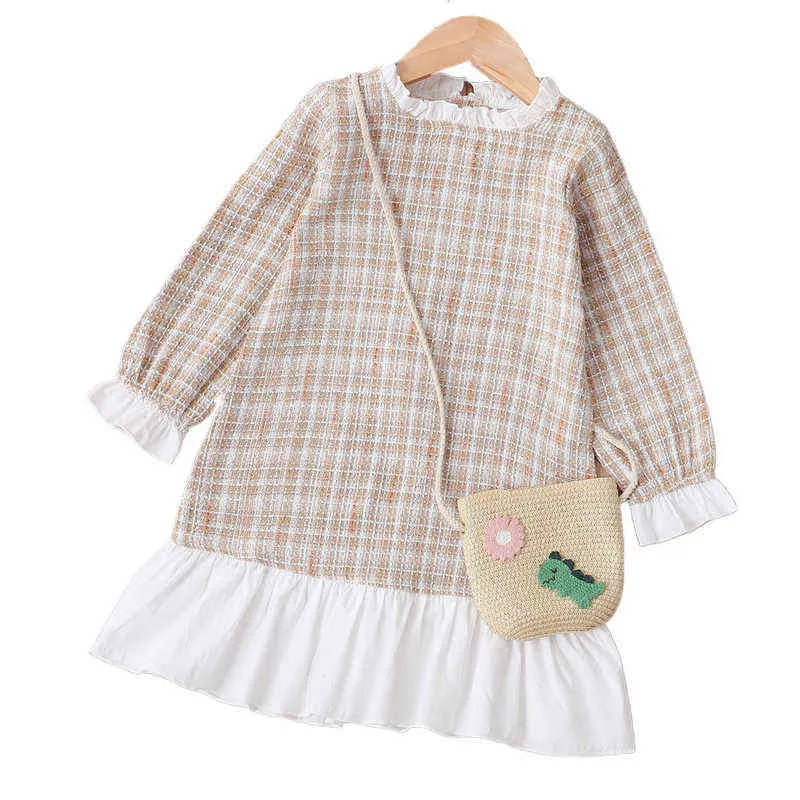 Girls INS Plaid Fashion Dress Kids Autumn Long Sleeve Houndstooth Princess Patchwork Dresses Children's 1-7 Y Ruffled Clothes G220518