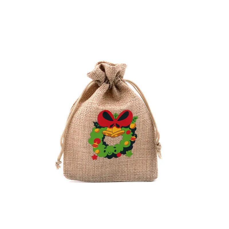 Sac en toile de Jute naturelle, 50 pièces, cloches d'élan du père noël, petit ours, cordon de serrage, cadeau en Jute, 10x14cm, coton et lin, imprimé de noël, 220427