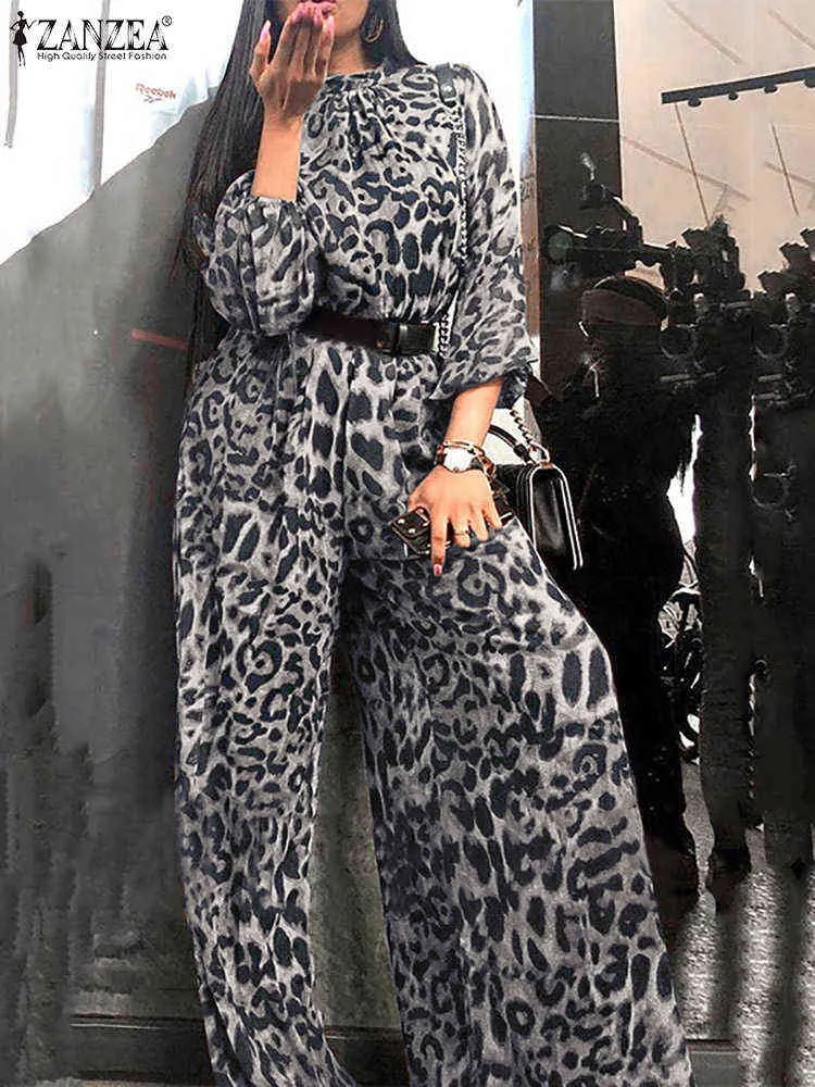 2022 Stylish Printed Jumpsuits Zanzea Women Leopard Party Overalls Playisuits Casual ol långärmad elastisk midja lös romper 7 y220511