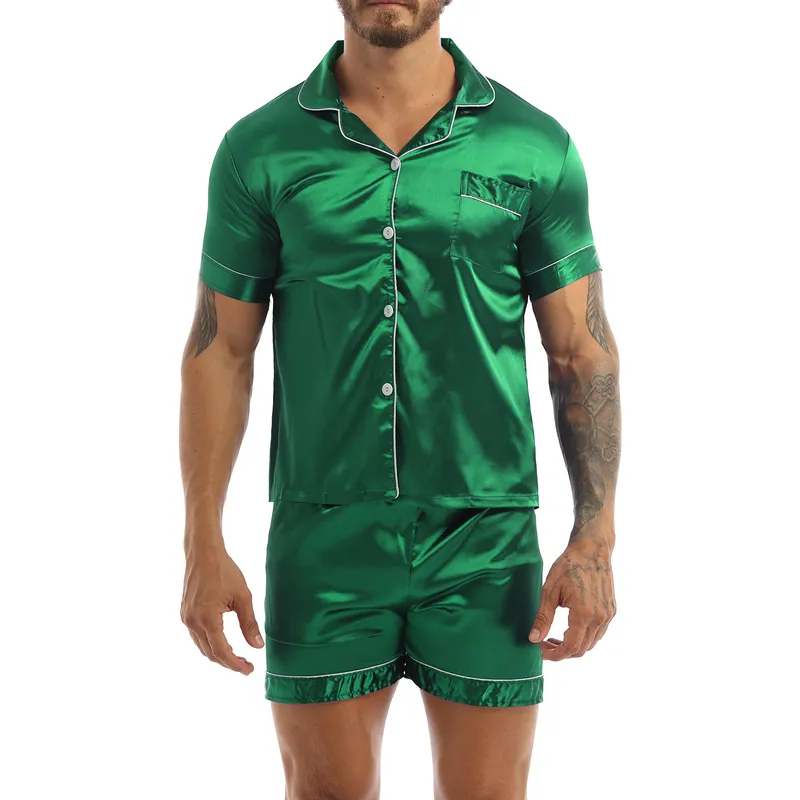 Moda Masculina Conjunto de Pijamas de Cetim Sedoso Cor Sólida Mangas Curtas Botões Tops com Cós Elástico Boxer Shorts Pijamas 220705