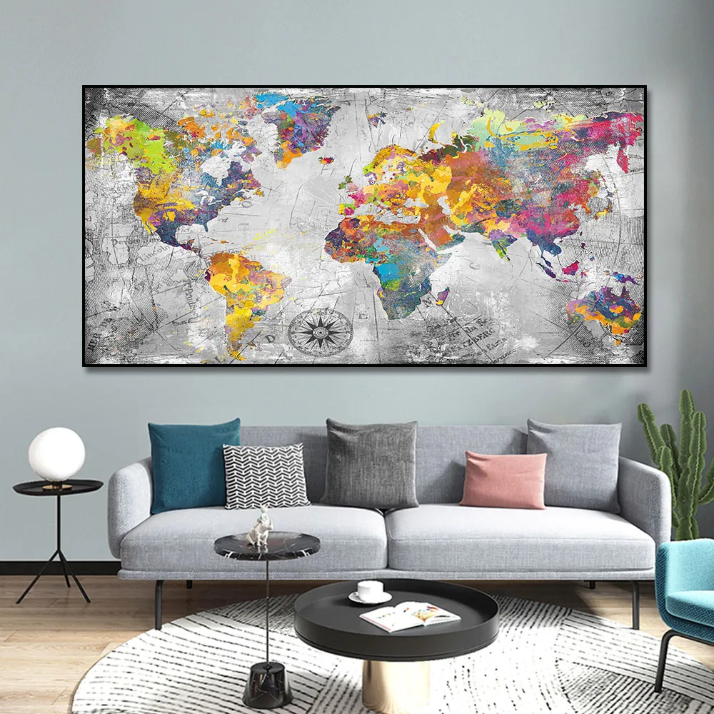 Immagini di mappe del mondo retrò Poster e stampe Dipinti su tela di arte della parete dorata la decorazione del soggiorno Cuadros Home Wall Decor
