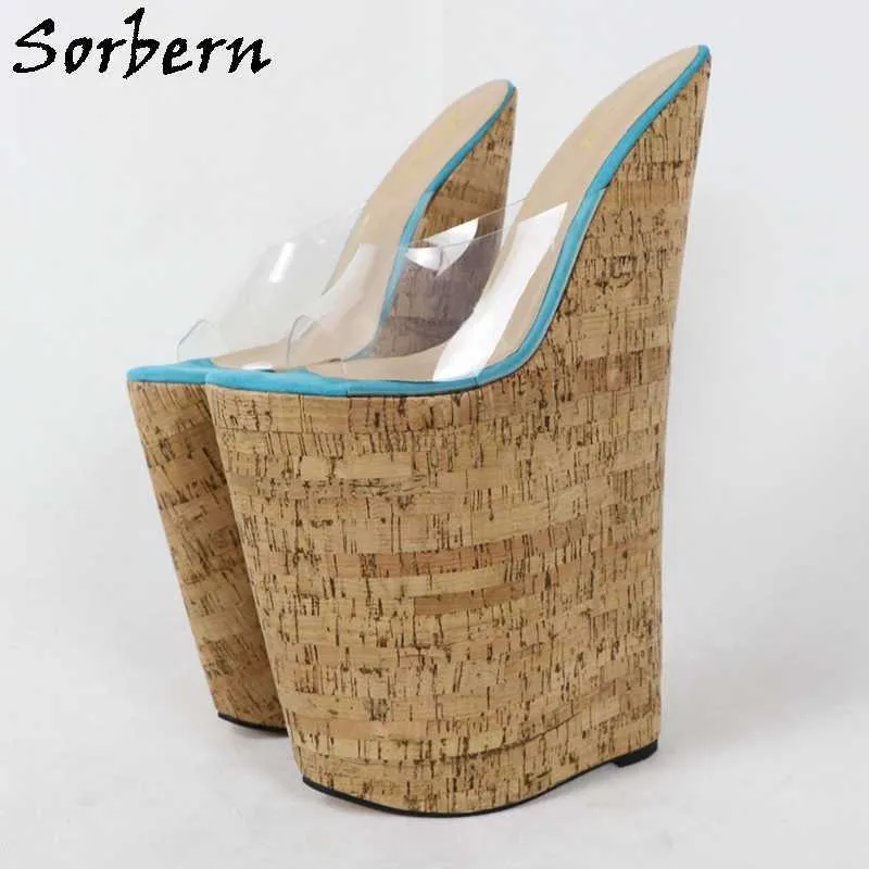 Sorbern Made-To-Order 13 Inch Sandal Women Extreme High Heel Slip On Transparent Pvc Open Toe Cork Looks Wedges Summer Shoes