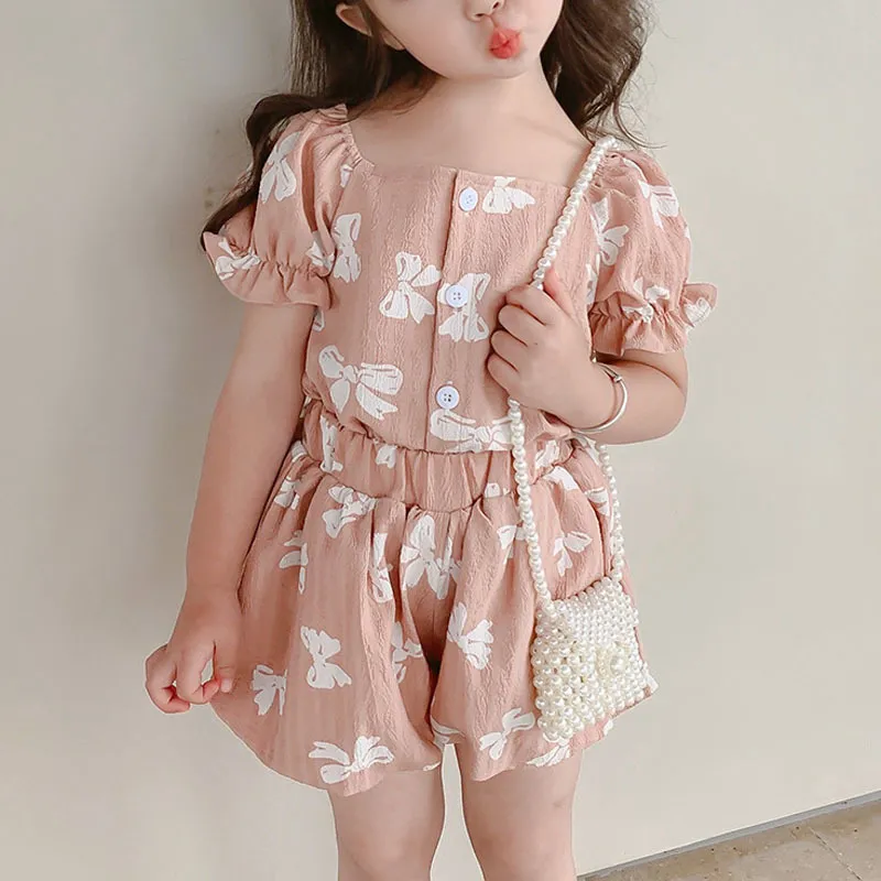 Summer Girls Suit Bow Tie Printing Square Neckline Blouse Shorts Toddler Baby Kids Clothes Children Clothing Sets 220620