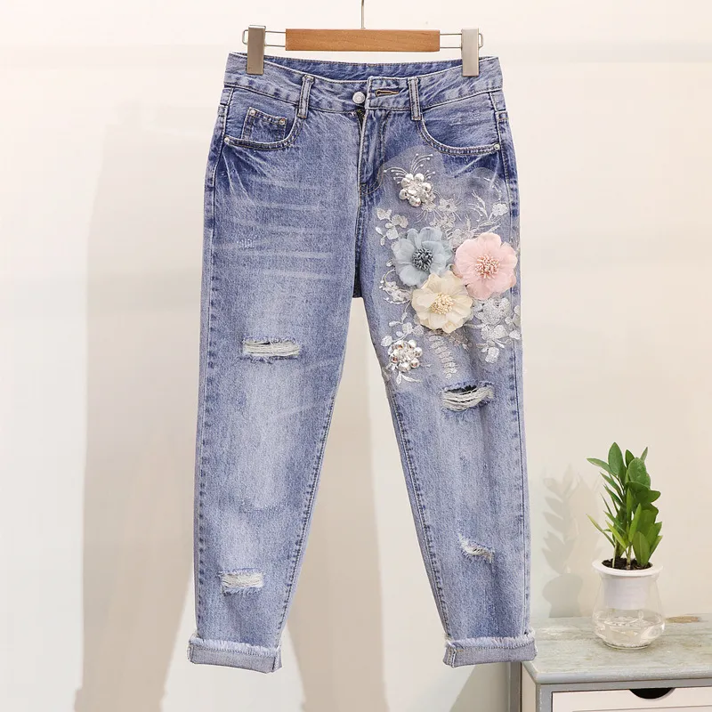 Summer Fashion Women T Shirt Jeans European Style Denim Suit Embroidery 3D Flower Female Trousers Vintage Beading Sets S XXL 220616