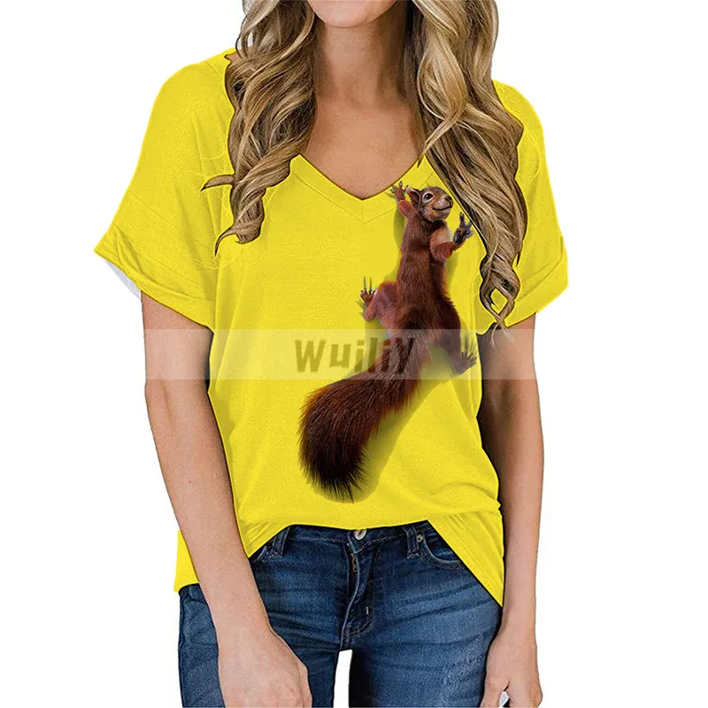 Women's Squirrel T-Shirt Lovely Graphic T Animal 3D Print Cotton V-neck Cute Tops Girls Pet Tees 220328