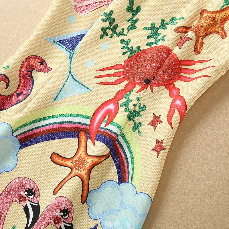2022 Summer Sleeveless Round Neck Multicolor Starfish Crab Print Panelled Feather Short Mini Dress Elegant Casual Dresses 22Q151630