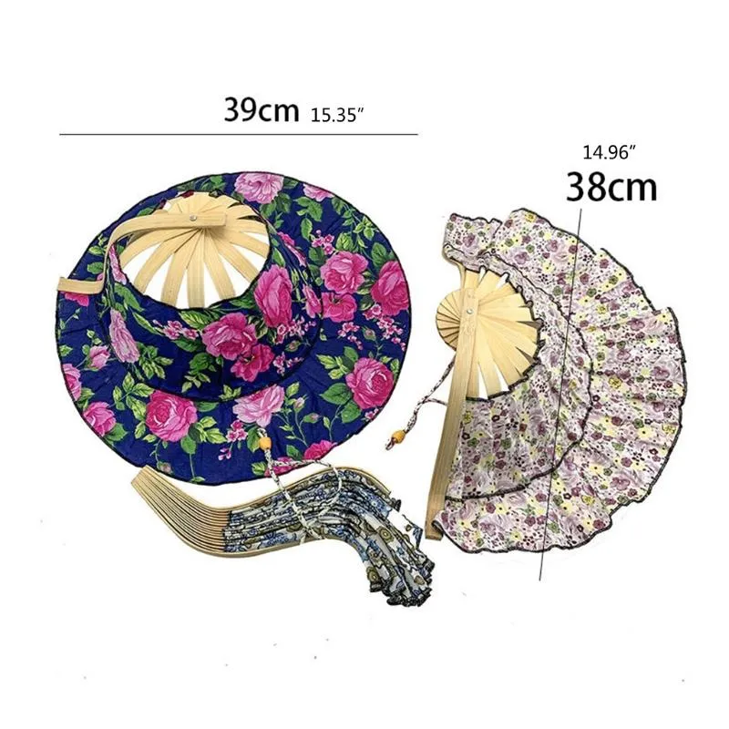 Sombreros de ala ancha 2 en 1 Sombrero de ventilador plegable de bambú para mujeres Chica de mano Viajando Bailando de verano 306F