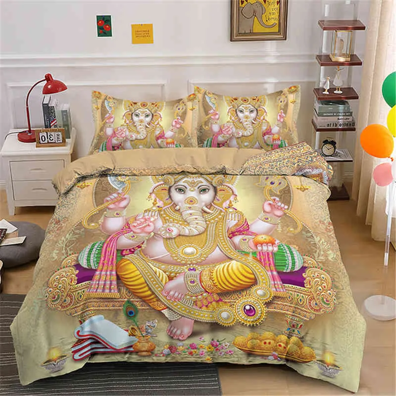 Heißer Verkauf Queen-Size-Buddha-Bettwäsche-Set, Boho-Mandala, buntes Design, Gott Ganesha, König, Bettbezug-Sets, Kissenbezug, indisches Symbol