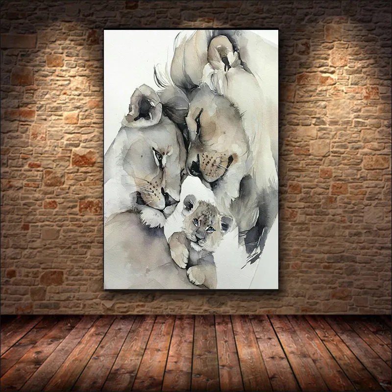 Acquerello Happy Lion Family Canvas Painting Ritratto di animali Poster e stampe Immagini di arte murale la decorazione del soggiorno