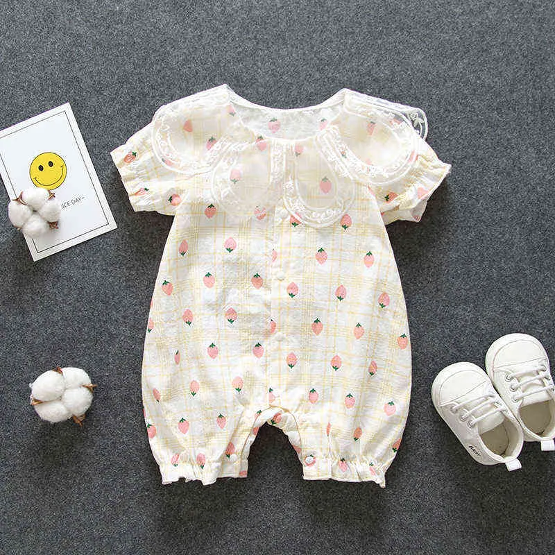 Bebek kız Romper 2022 Yaz Yeni İnce Bebek Bebek Giysileri Bebek Giyim Sevimli Dantel Taç Yapı Dışarıda Çocuk Romper 3-24 Ay G220510