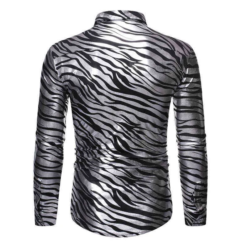 Silver zebra randig tryck skjorta män 2022 nattklubb smal passform långärmad herr klänning skjortor fest bröllop smoking man man camisa l220704