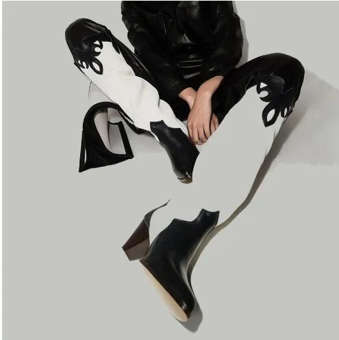 Couro genuíno preto branco misto colorido pontão pontilhado salto joelho botas altas mulheres deslizam em metrô moda de botas longa sapatos