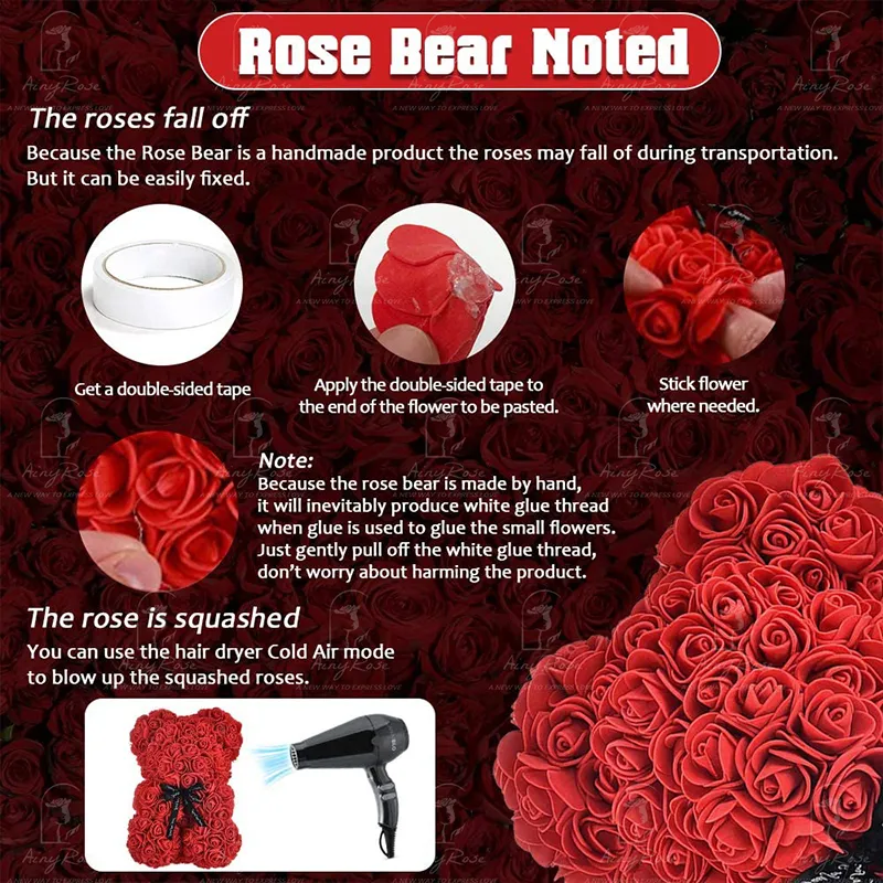 Cadeau pour elle ours en peluche de roses fleurs de savon artificielles roses ours jouet avec sac à main lumière LED cadeaux de fête des mères pour filles femmes 220406