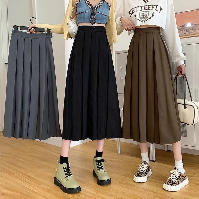 Houzhou Vintage Brown Pleated Long Kjolar Höst Kvinnor Koreansk Fashion Hög Midja Svart Elegant A-Line Midi Kjol för Girls 220322