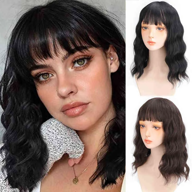 Black Ombre Middle Length Water Wave Synthetic Wigs for Women Natur Natural Hair Cosplay Lolita Wig 220622