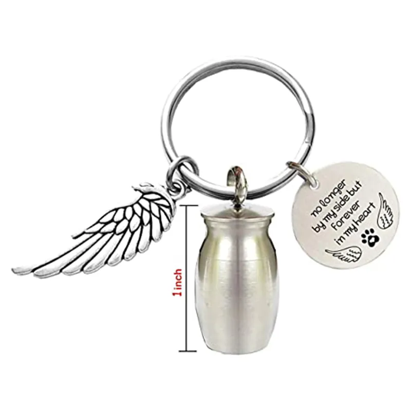 Mini Key rings Cremation Urn Keychain with Wing and Round tags for Memorial Ashes Holder Keepsake Dog Cat Pets Human Jewelry Gift 249c