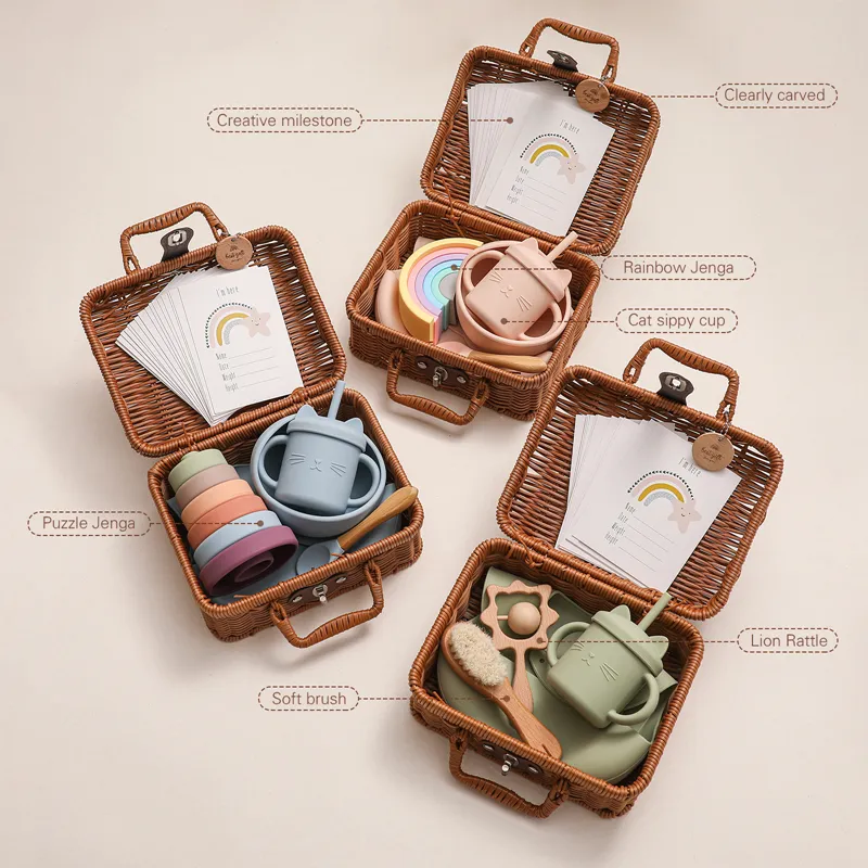 Bopoibo Set Kotak Peralatan Makan Bayi Hadiah Mainan Penumpuk Pelangi Silikon Kelahiran 220611
